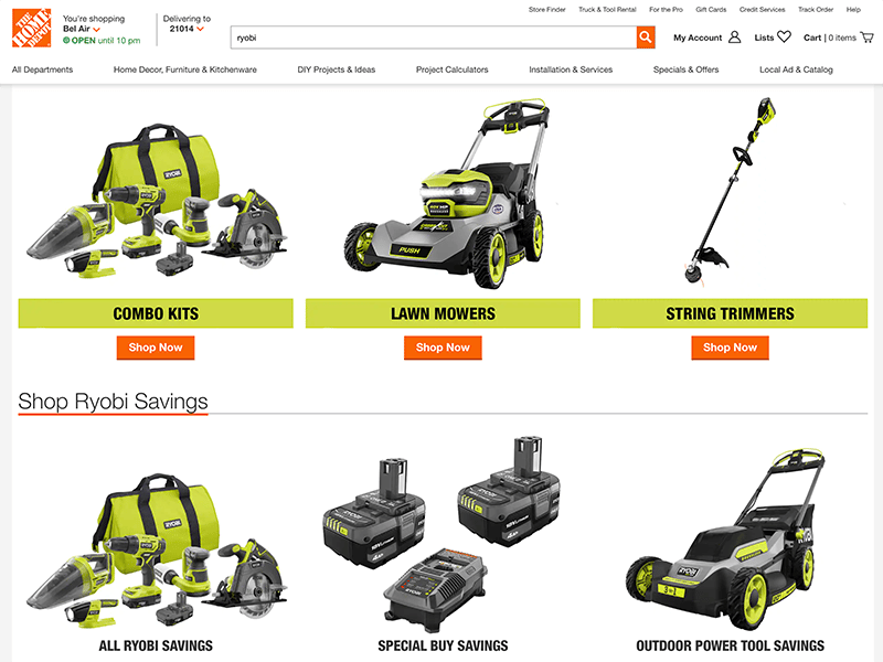 home depot website screenshot with ryobi products