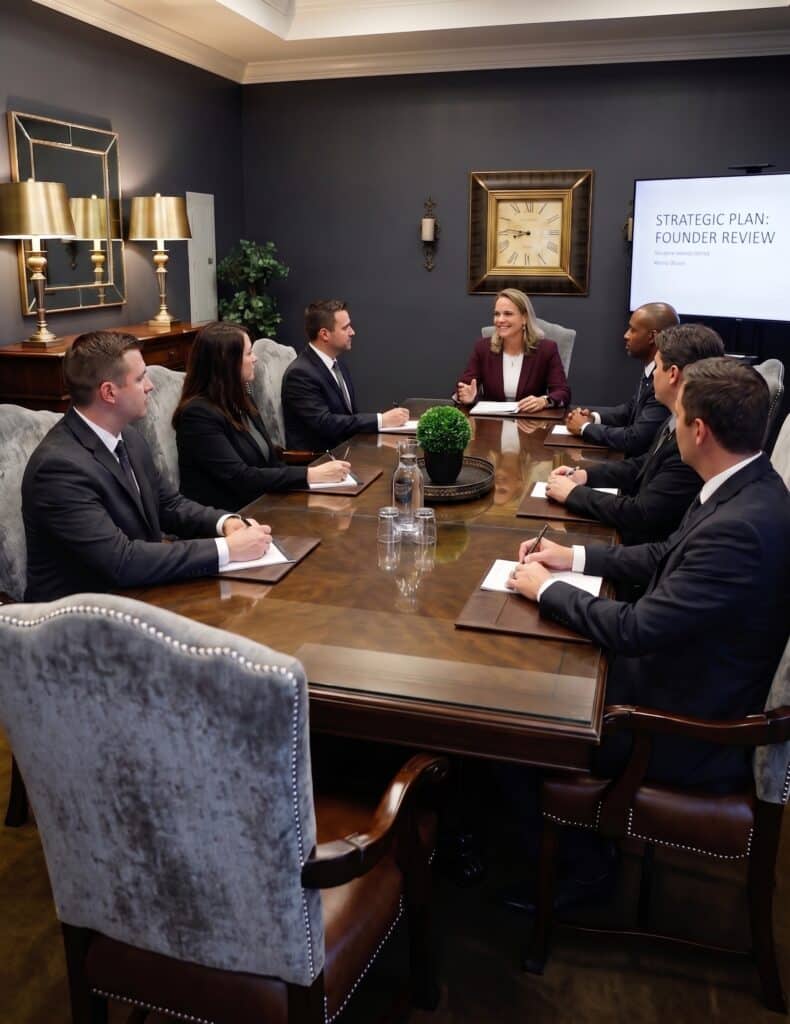 dina at head of funeral home conf table